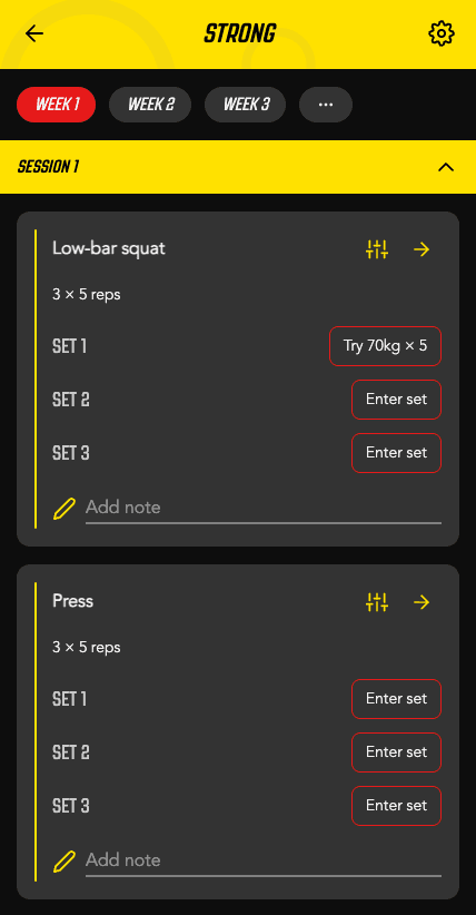 Workout session screen